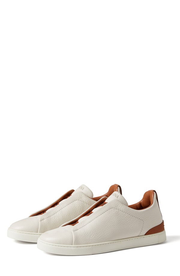 ゼニア メンズ シューズ スニーカー レザー ZEGNA Triple Stitch Deerskin Leather Slip-On Sneaker White/ Folliage ホワイト｜ReVida 店