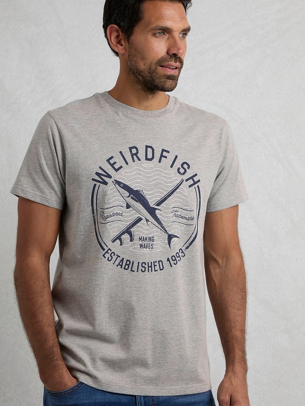 ウィアードフィッシュ メンズ トップス プルオーバー 刷り上げる Weird Fishudson Front Print Branded T-Shirt Grey Marl 薄墨色
