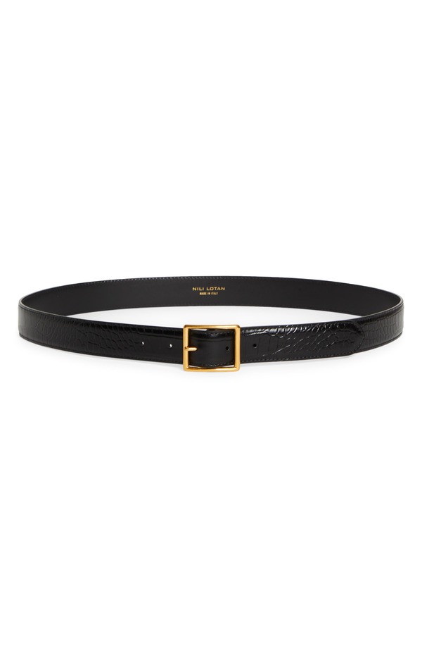 ニリロータン レディース 添え物 三尺帯 なめし革 Nili Lotan Gabriele Croc Embossed Leather Belt Black W/ Antique Gold Buckle 黒いこと