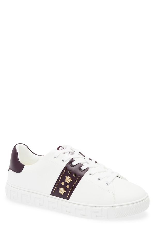 ヴェルサーチ メンズ シューズ スニーカー Versace Studded Greca Sneaker White Mulberry Gold ホワイト