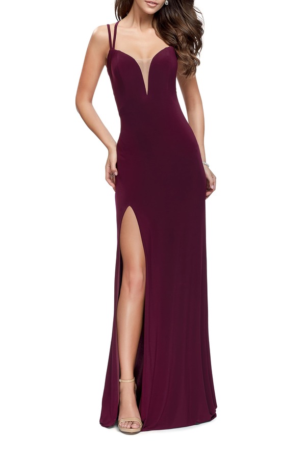 ラフェム レディース トップス ワンピース La Femme Long Classic Prom Dress with Side Leg Slit andeep V Dark Berry
