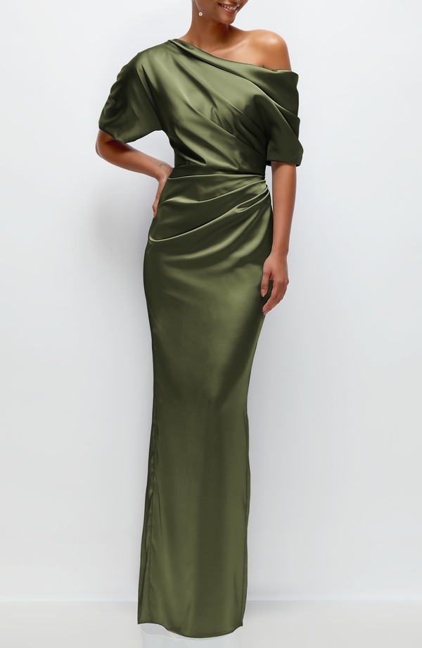 アフターシックス レディース トップス ワンピース ギャザー ワンショルダー サテン After Six Ruched One-Shoulder Satin Gown Olive Green グリーン