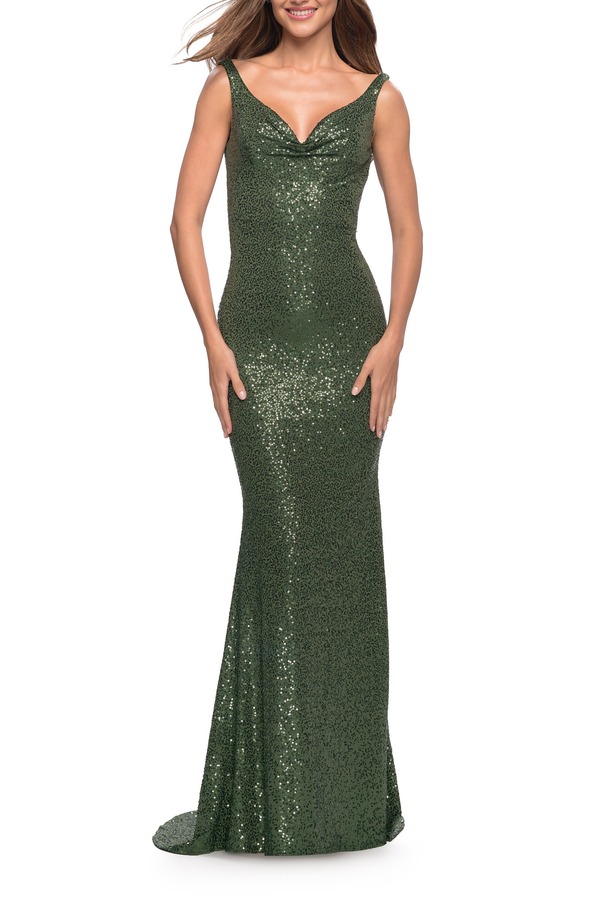 ラフェム レディース トップス ワンピースパンコール La Femme Long Stretch Sequin Gown with Low Back Emerald エメラルド|ReVida 店