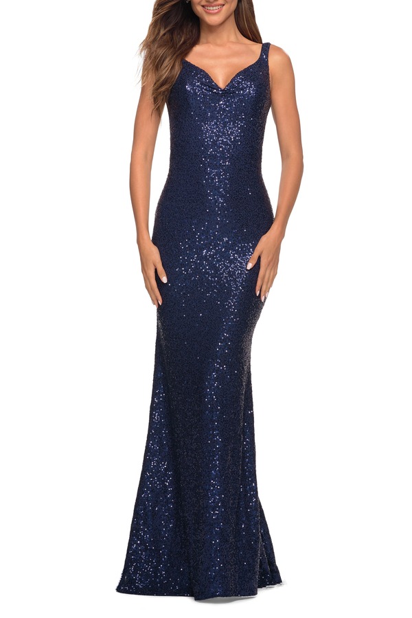 ラフェム レディース トップス ワンピースパンコール La Femme Long Stretch Sequin Gown with Low Back Navy ネイビー|ReVida 店