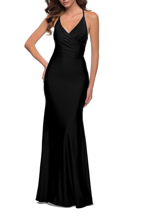 ラフェム レディース トップス ワンピース ジャージー La Femme Fitted Long Jersey Gown with Criss Cross Bodice Black ブラック