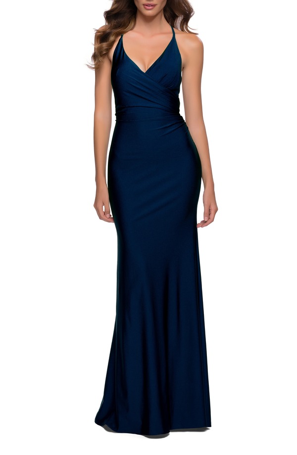ラフェム レディース トップス ワンピース ジャージー La Femme Fitted Long Jersey Gown with Criss Cross Bodice Midnight Blue ブルー