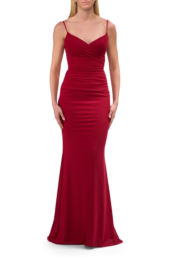 ラフェム レディース トップス ワンピース レース ジャージー La Femme Fitted Jersey Long Dress with Lace Up Back Burgundy バーガンディ