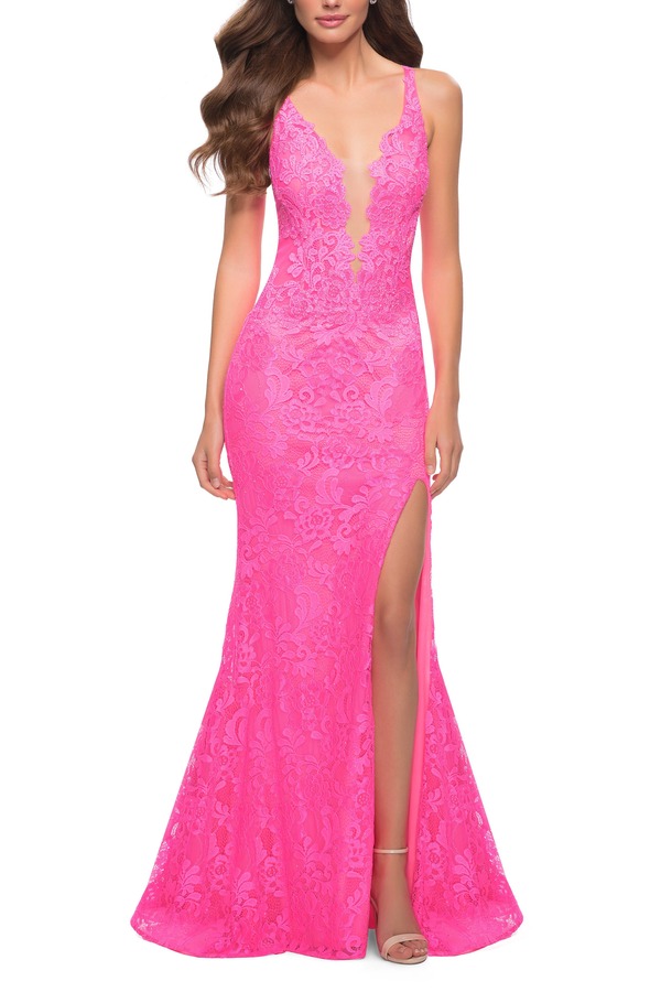 ラフェム レディース トップス ワンピース レース La Femme Stretch Lace Gown with Slit and Open Keyhole Back Neon Pink ピンク 46,680円