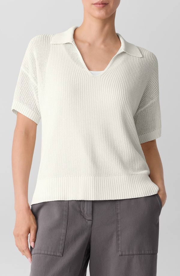 エイリーンフィッシャー レディース アウター パーカー・スウェット スポーツシャツ プルオーバー 地絹 綿織物 Eileen Fisher Classic Organicotton \u0026 Silk Polo Sweater Ivory 象牙色