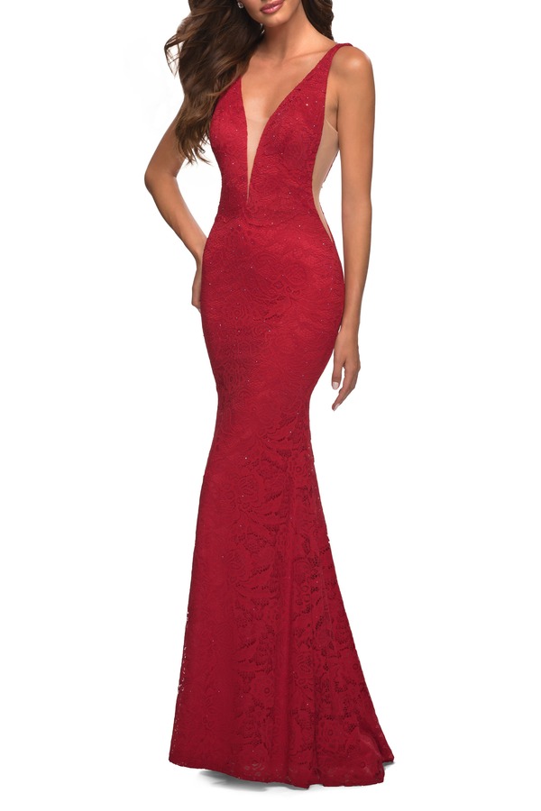 ラフェム レディース トップス ワンピース レース La Femme Chic Stretch Lace Gown with Deep V Neckline Red レッド