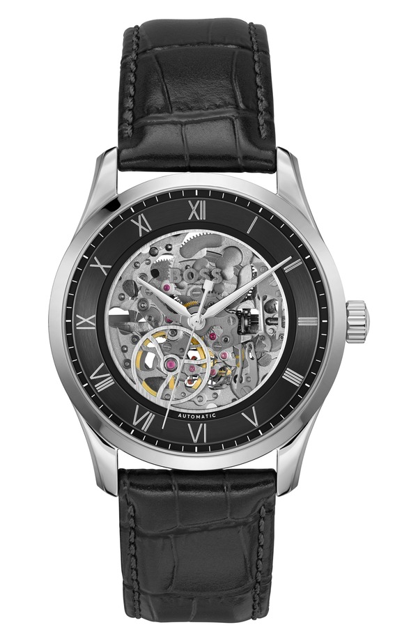 元締め メンズ 付属品 ウオッチ なめし革 BOSS Principle Skeleton Automatic Leather Strap Watch 41粍 Black 黒いこと