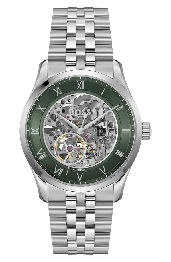 ボス メンズ アクセサリー 腕時計 BOSS Principle Skeleton Automatic Bracelet Watch 41mm Dark Green グリーン｜ReVida 店