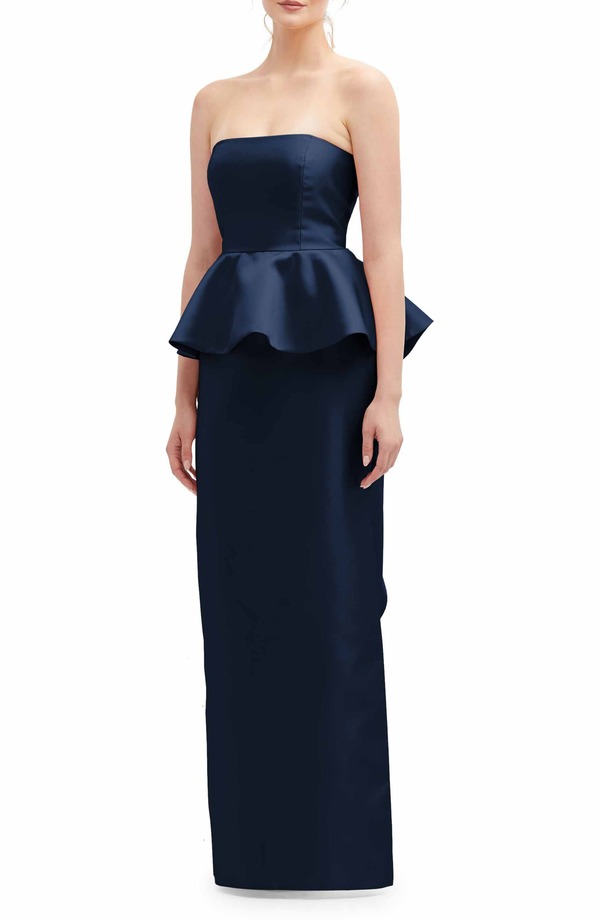 アルフレッド レディース トップス ワンピース フリル サテン ストラップレス Alfred Sung Strapless Ruffle Peplum Satin Column Gown Midnight