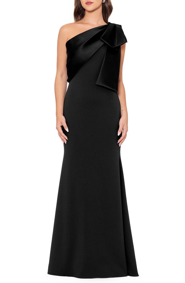 ベッツィアンドアダム レディース トップス ワンピース クレープ サテン Betsy & Adam Satin Bow Crepe Mermaid Gown Black ブラック
