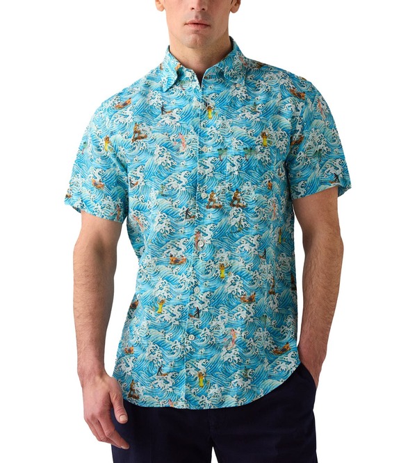 ロバート タルボット メンズ トップス シャツ プリント リネン Robertalbott Morgan Surf Printed Linen Short Sleeve Shirt Blue Waves ブルー｜ReVida 店