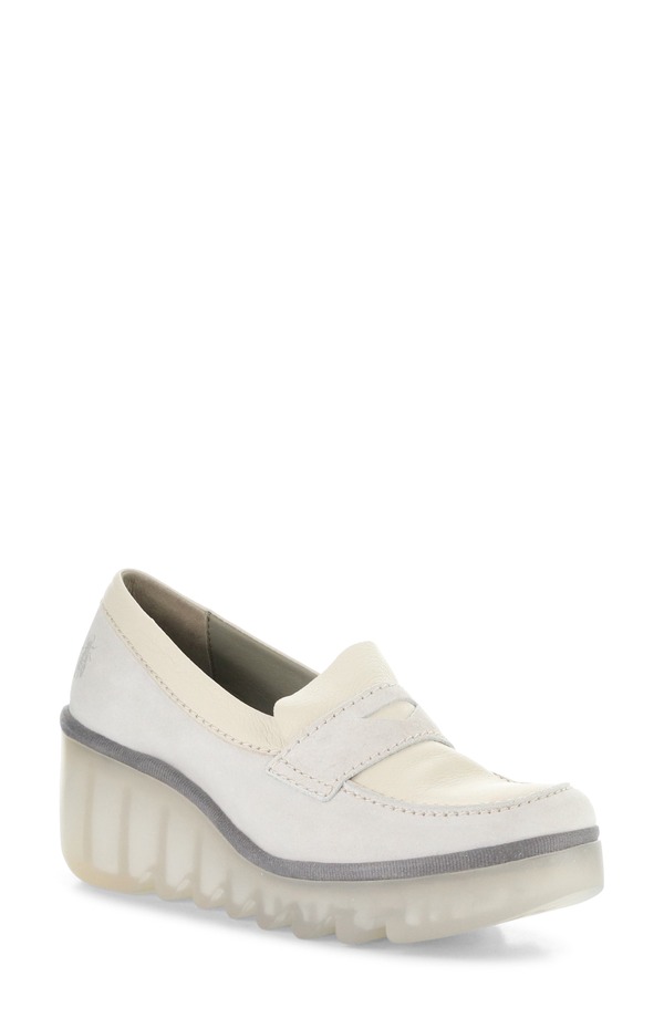 飛球英国の首都 レディース シューズ 踵 プラットホーム 置き目毛革 Fly London Bilz Platform Wedge Loafer Off White 象牙色
