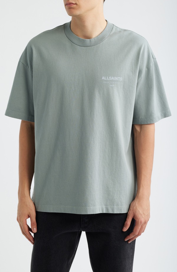 オールセインツ メンズ トップス Tシャツ グラフィック AllSaints Underground Oversize Graphic T-Shirt Metallic Grey グレー