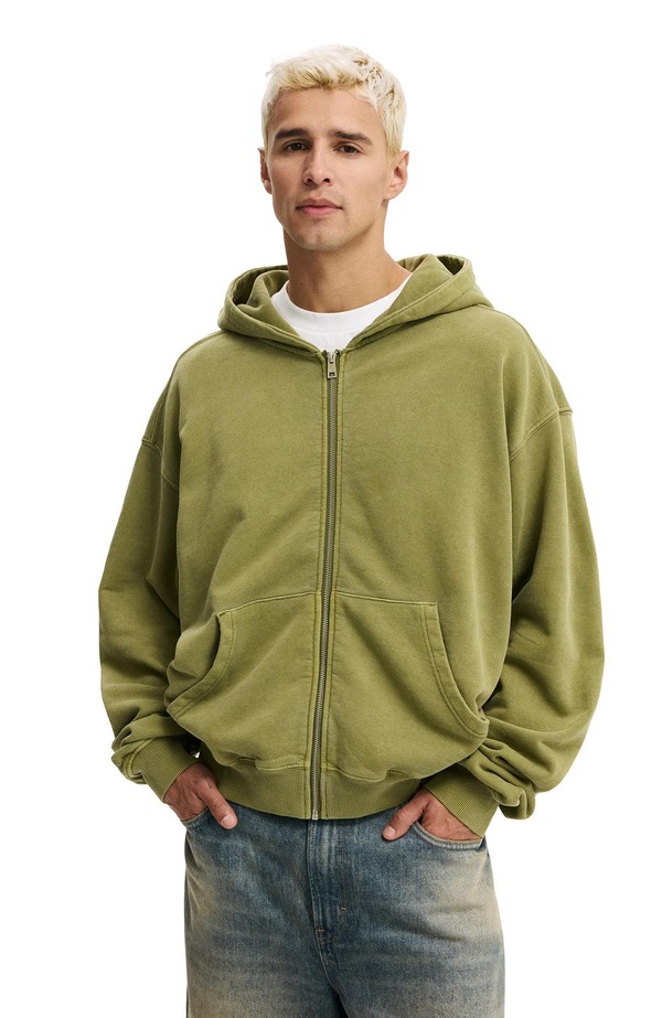 コットンオン メンズ アウター パーカー・スウェット クロップド Cotton Men's Cropped Zip Up Hoodie Grass Green Wash グリーン