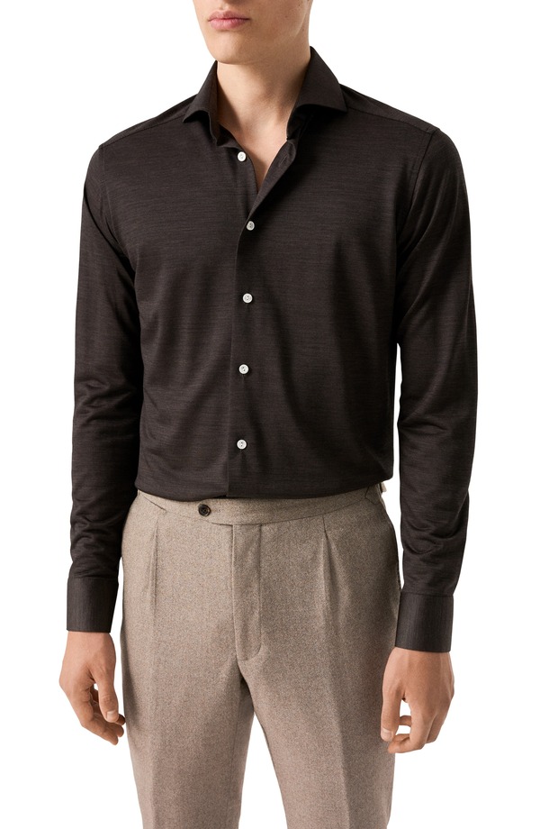 エトン メンズ トップス プルオーバー プルオーバー Eton Contemporary Fit Solid Jersey Button-Up Shirt Medium Brown 赤銅色