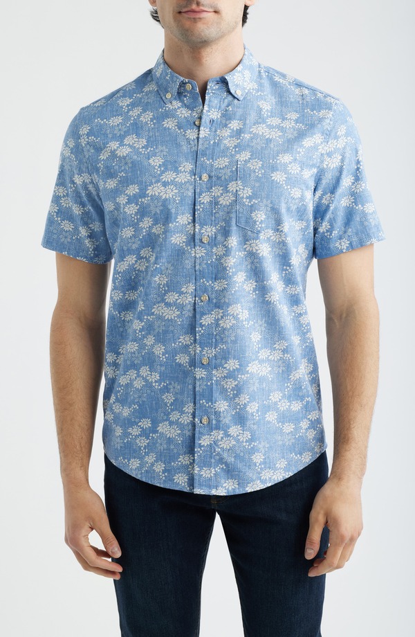 レインスプーナー メンズ トップス プルオーバー お花柄 綿織物 落ち込む お花 Reyn Spooner Kyoto Spring Floral Short Sleeve Cotton Blend Button-Down Shirt Riviera Blue 青味