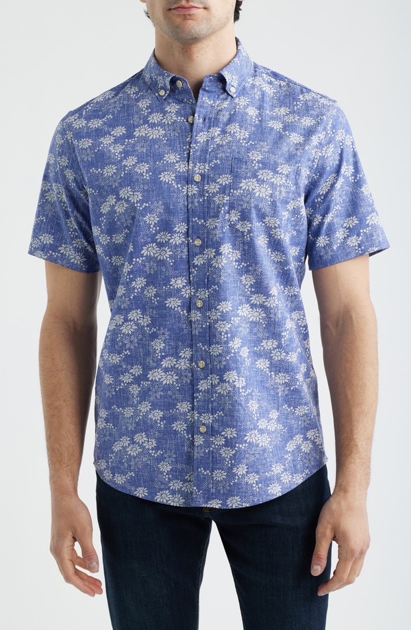 レインスプーナー メンズ トップス シャツ フラワー柄 コットン ダウン フラワー Reyn Spooner Kyoto Spring Floral Short Sleeve Cotton Blend Button-Down Shirt Skipper Blue ブルー