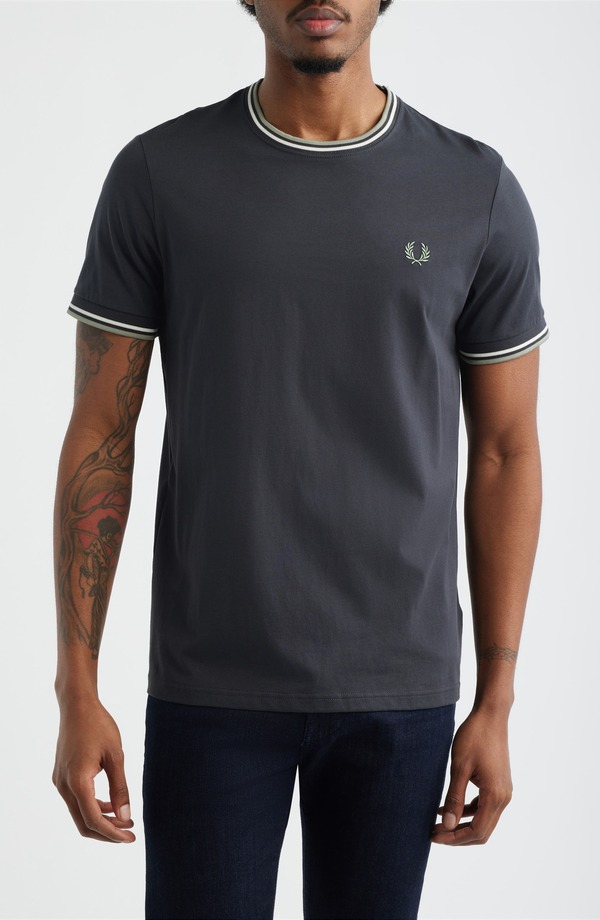 フレッドペリー メンズ トップス Tシャツ コントラスト Fred Perry Contrastrim T-Shirt Anthracite Grey/Ecru/Sea Grass エクリュ