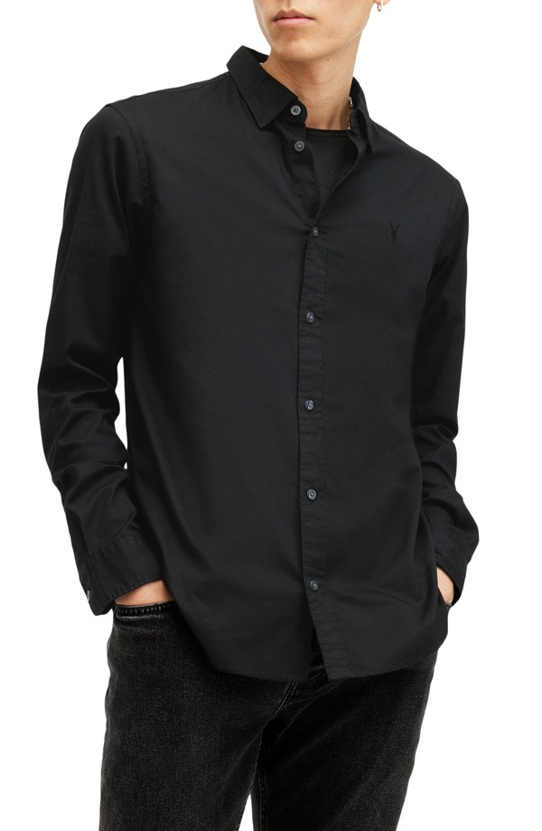 オールセインツ メンズ トップス シャツ コットン AllSaints Hawthorne Solid Stretch Cotton Button-Up Shirt Black ブラック