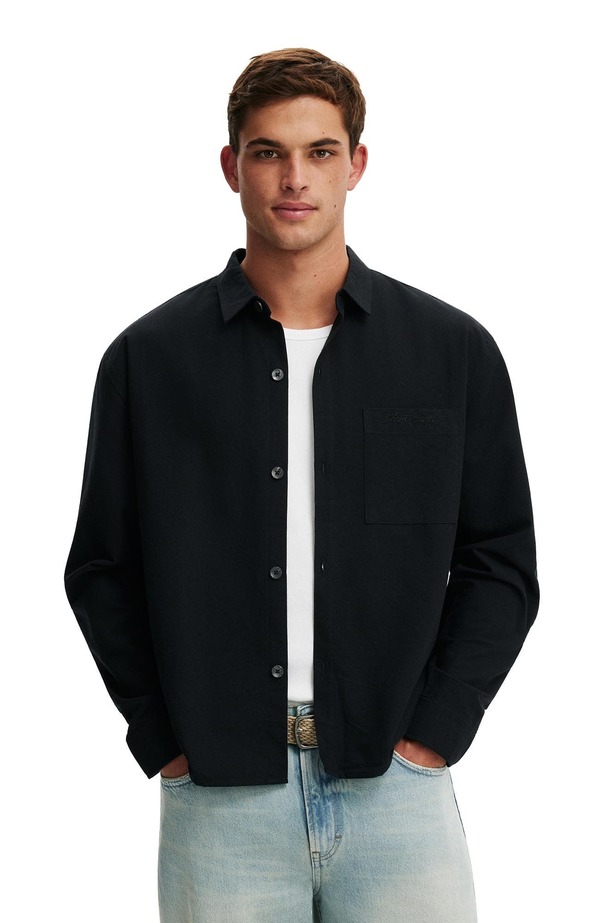コットンオン メンズ トップス シャツ Cotton Men's Bedford Long Sleeve Shirt Black Emb ブラック