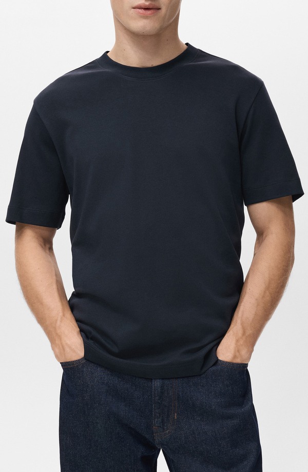 マンゴ メンズ トップス シャツ レギュラーフィット コットン MANGO Regular Fit Medium Weight Cotton T-Shirt Navy ネイビー