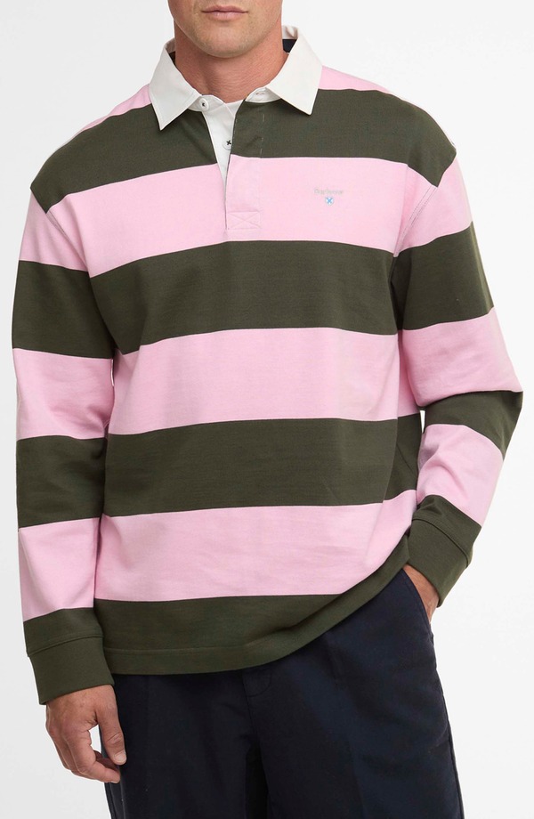 バブアー メンズ トップス プルオーバー 綿織物 Barbour Broome Stripe Cotton Rugby Shirt Pink さくら色
