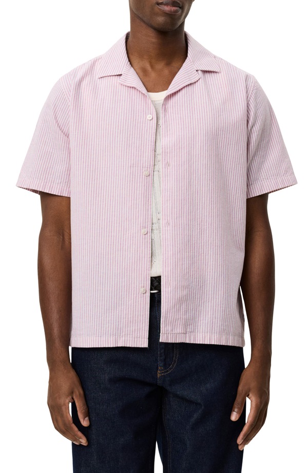 レ ドゥ メンズ トップス プルオーバー 綿織物 リネン Les Deux Lukastripe Cotton \u0026 Linen Camp Shirt Crocus Pink さくら色