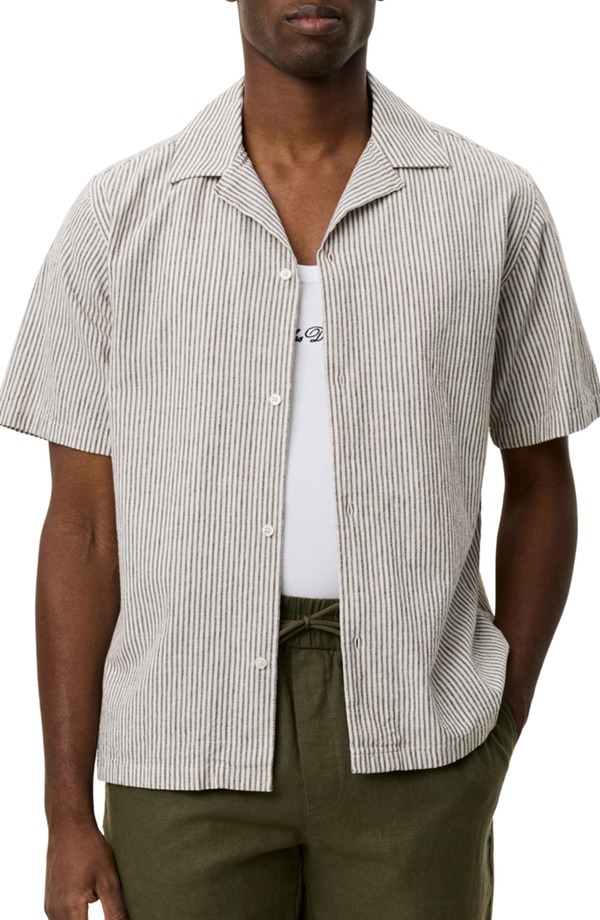 レ ドゥ メンズ トップス プルオーバー 綿織物 リネン Les Deux Lukastripe Cotton \u0026 Linen Camp Shirteak Brown 赤銅色
