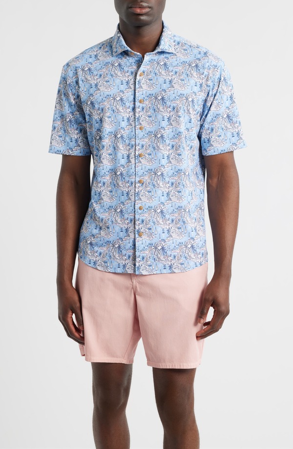 ジョニー オー メンズ トップス プルオーバー 刷り上げる 編み物 johnnie-Otto Tropical Print Knit Short Sleeve Button-Up Shirt Infinity