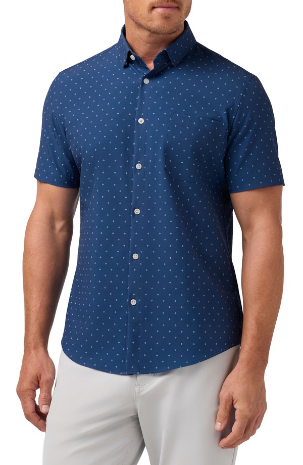 ミズンメイン メンズ トップス プルオーバー Mizzen+Main Leeward Trim Fit Short Sleeve Performance Button-Up Shirt Midnight Navy Alternating Kite 米国海軍