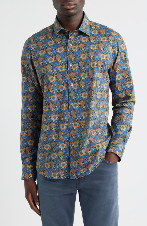 スコットバーバー メンズ トップス シャツ レギュラーフィット フラワー柄 コットン フラワー Scott Barber Canclini Regular Fit Floral Cotton Button-Up Shirt Blue ブルー