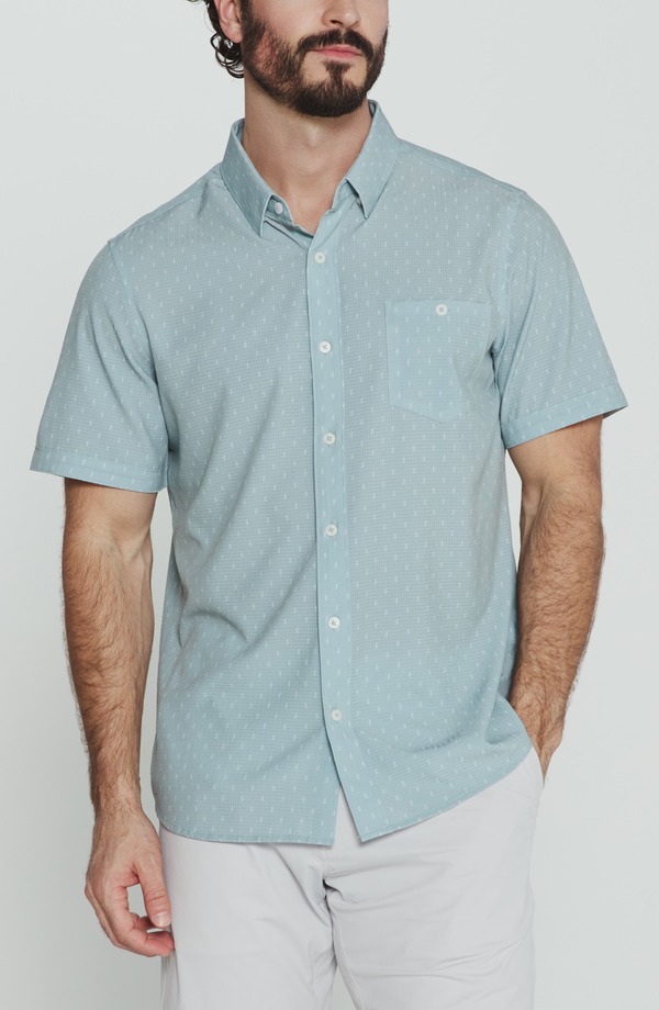 セブンダイヤモンド メンズ トップス シャツ 7 Diamonds Renzo Textured Geo Pattern Short Sleeve Stretch Button-Up Shirt Seafoam