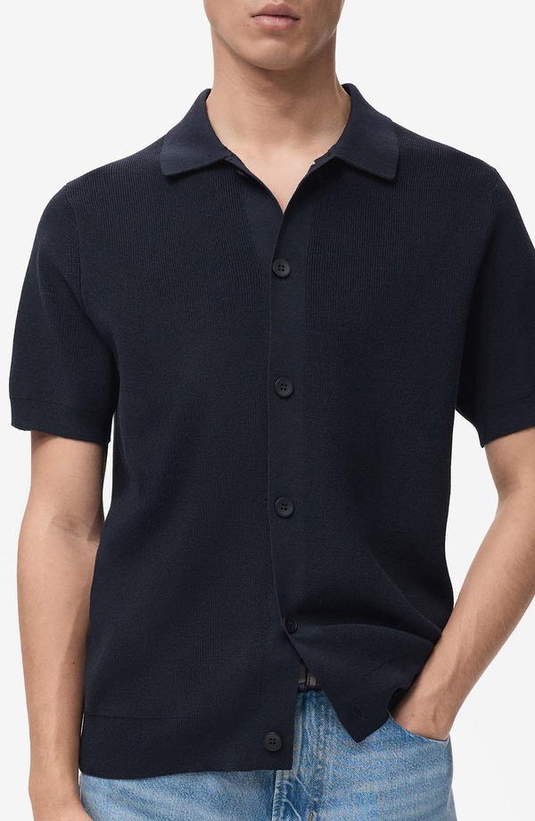 マンゴ メンズ トップス シャツ ニット MANGO Short Sleeve Knit Button-Up Shirt Navy ネイビー