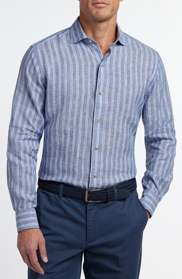 デイビッドドナヒュー メンズ トップス シャツ リネン Davidonahue Stripe Slub Linen Button-Up Shirt Navy/ Sky ネイビー