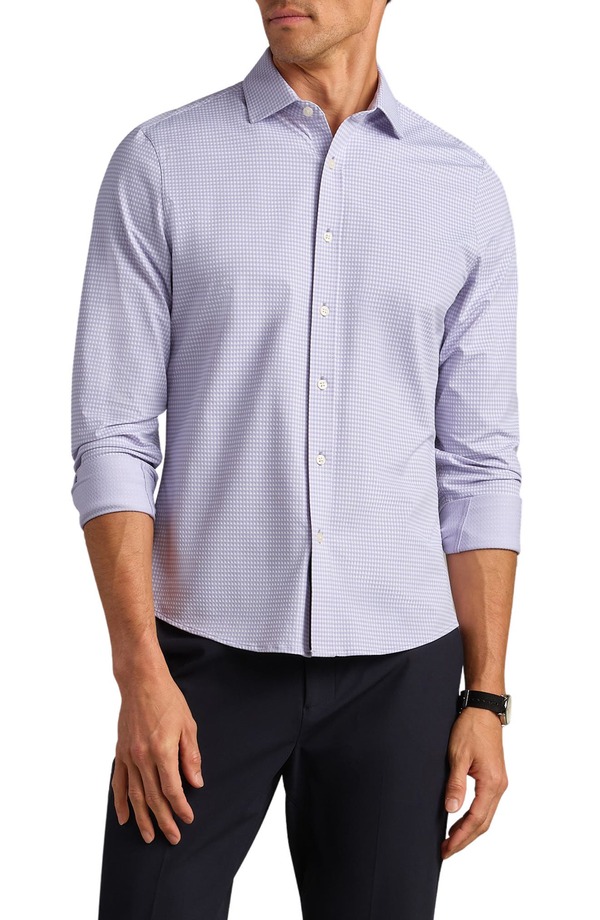 ローヌ メンズ トップス プルオーバー か細い相応う Rhone Commuter Slim Fit Performance Button-Up Shirt Lilac Rain Gingham 紫はしどい