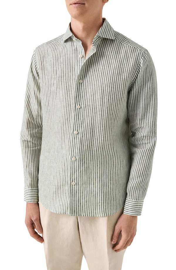 エトン メンズ トップス シャツ レギュラーフィット リネン Eton Regular Fit Bengal Stripe Linen Dresshirt Dark Green グリーン|ReVida 店