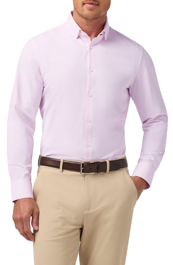 ミズンメイン メンズ トップス プルオーバー Mizzen+Main Leeward Trim Fit Plaid Performance Button-Up Shirt Pink Salt Banker Stripe さくら色