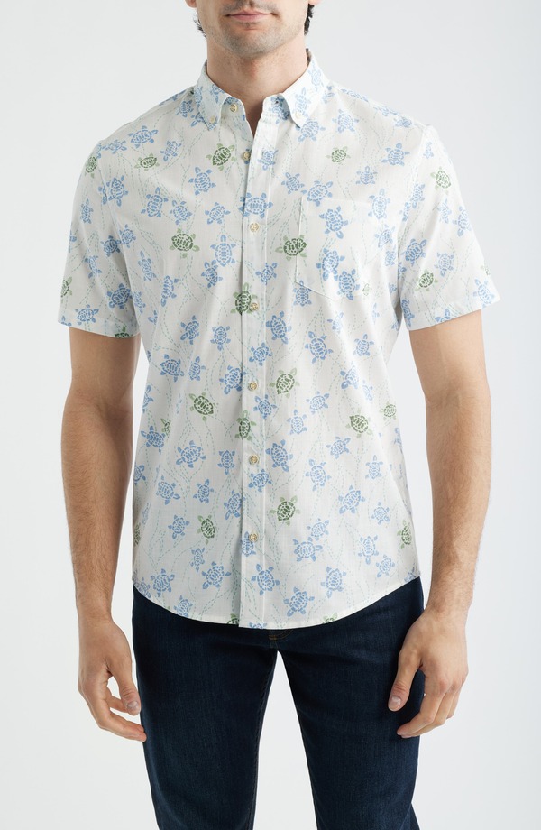 レインスプーナー メンズ トップス プルオーバー 刷り上げる 綿織物 打ち倒す Reyn Spooner Honu Holoholo Turtle Print Short Sleeve Cotton Blend Button-Down Shirt White 白いこと カジュアルシャツ-メンズファッション-トップス