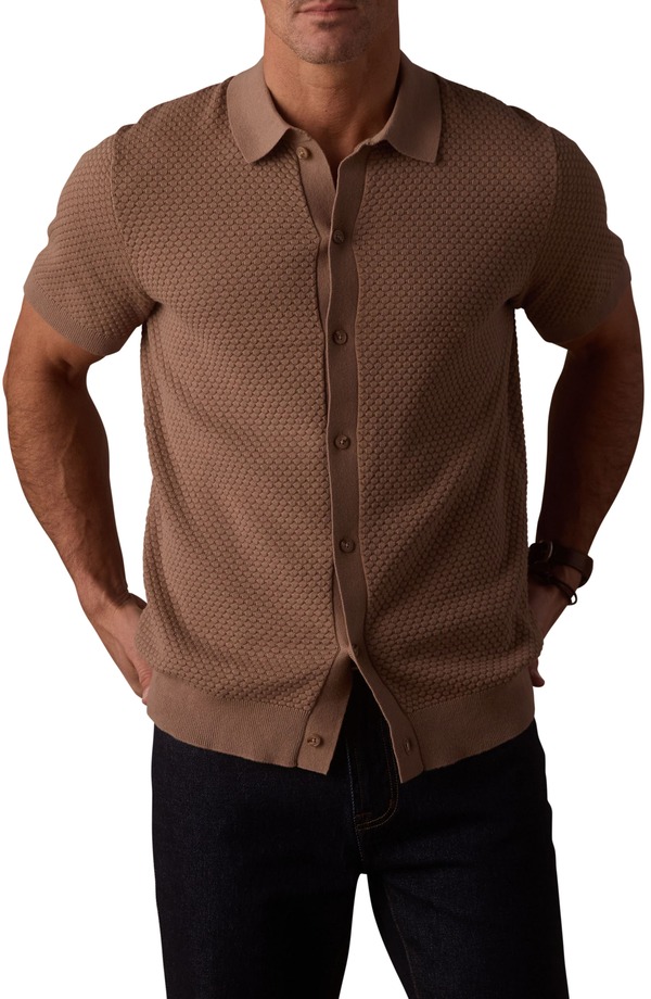 並大抵ブランド名 メンズ トップス プルオーバー 編み物 The Normal Brand Robles Jacquard Knit Short Sleeve Button-Up Shirtaupe トープ