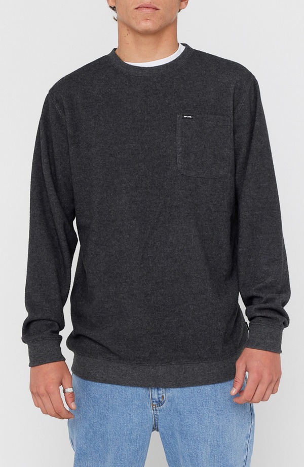 下唇長い巻き毛 メンズ アウター パーカー・スウェット 労働者の一団のど首 プルオーバー Rip Curl Grid Crewneck Pocket Sweatshirt Black Marle 黒いこと パーカー-トップス-メンズファッション