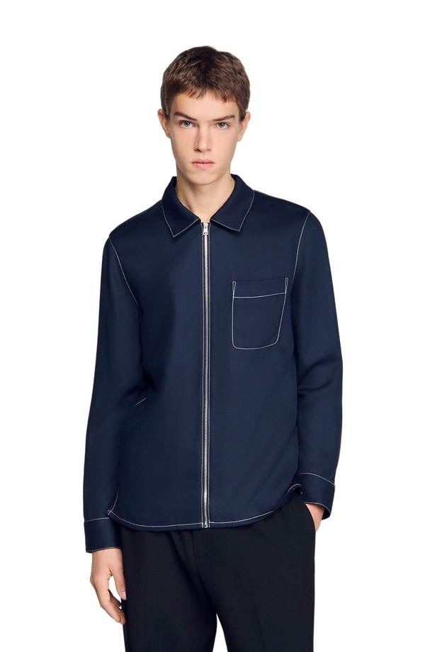サンドロ メンズ トップス シャツ SANDRO Loose-fit zip-up shirt Navy Blue ネイビー｜ReVida 店