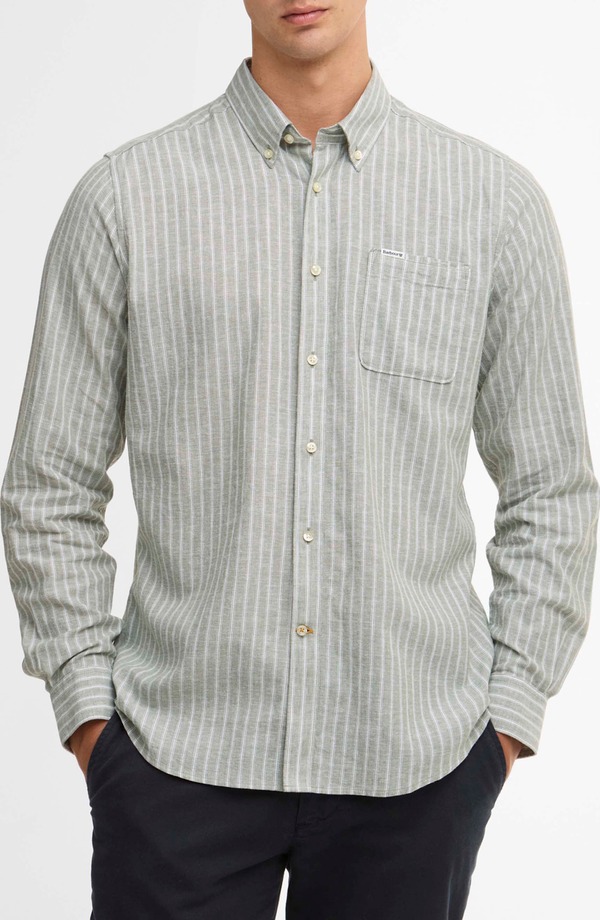 バブアー メンズ トップス プルオーバー 綿織物 落ち込む リネン Barbour Nelson Tailored Fit Stripe Linen \u0026 Cotton Button-Down Shirt Bleached Olive オリーブ