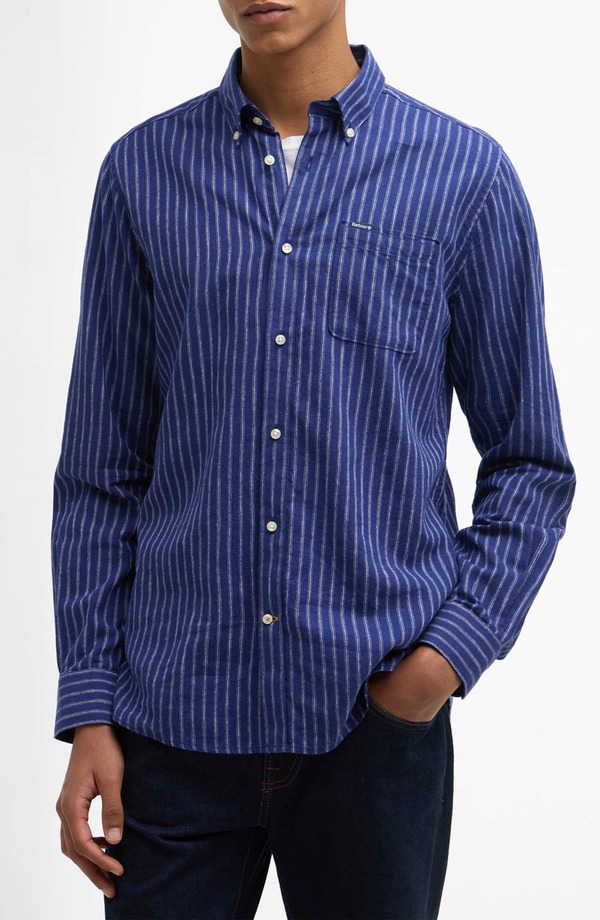 バブアー メンズ トップス プルオーバー 綿織物 落ち込む リネン Barbour Nelson Tailored Fit Stripe Linen \u0026 Cotton Button-Down Shirt Indigo インディゴ