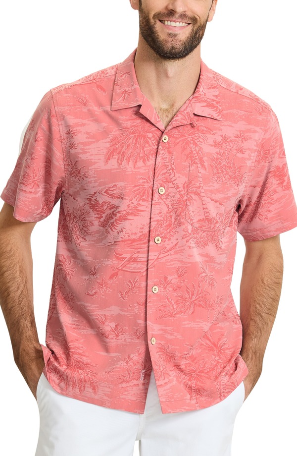 トッミーバハマ メンズ トップス プルオーバー 刷り上げる Tommy Bahama Coastal Ease IslandZone Palms Print Camp Shirt Red Sunset 赤いこと
