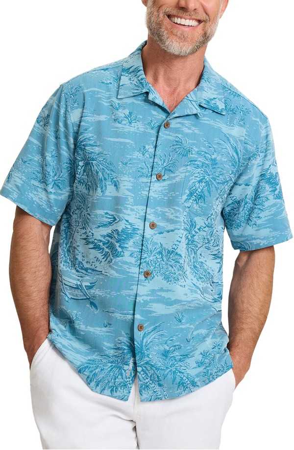 トッミーバハマ メンズ トップス プルオーバー 刷り上げる Tommy Bahama Coastal Ease IslandZone Palms Print Camp Shirt Saxony Blue 青味