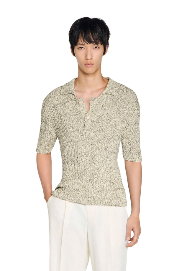 サンドロ メンズ トップス ポロシャツ コットン ニット SANDRO Marl cotton knit polo shirt White / Black ホワイト